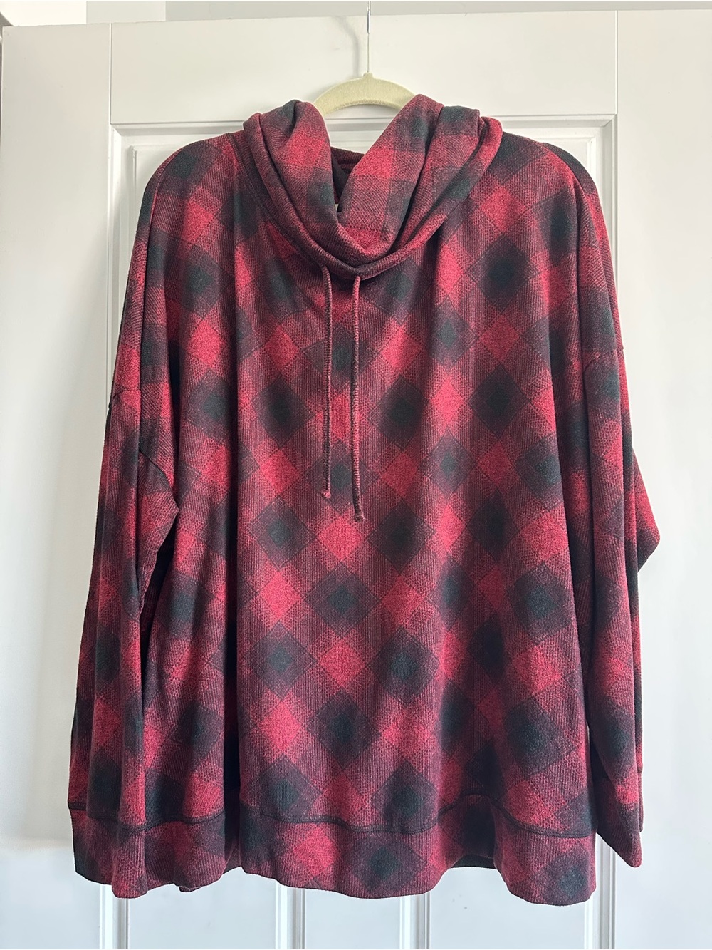 Maurices 3X Red and Black Plaid Cowl Neck Pullover